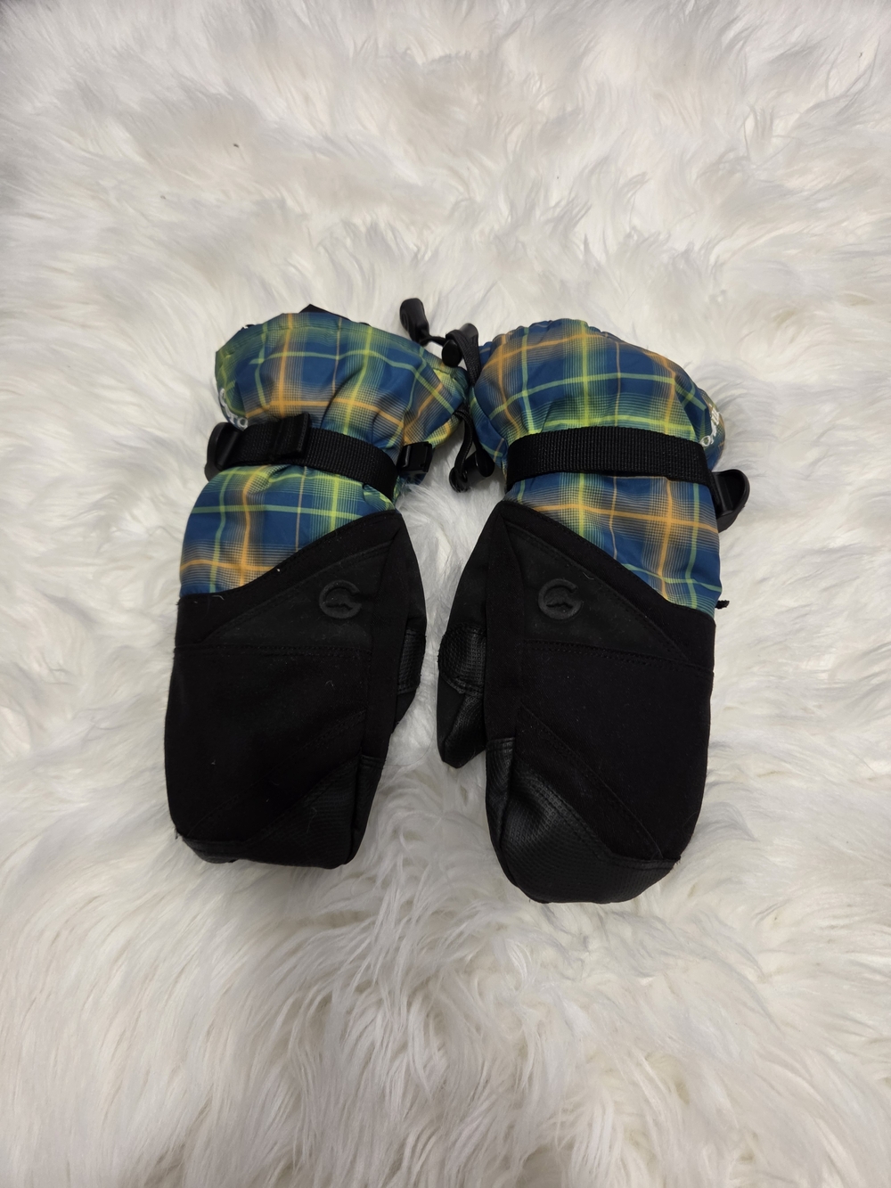 Gordini Plaid Blue & Yellow Ski Mittens with Black Palm
